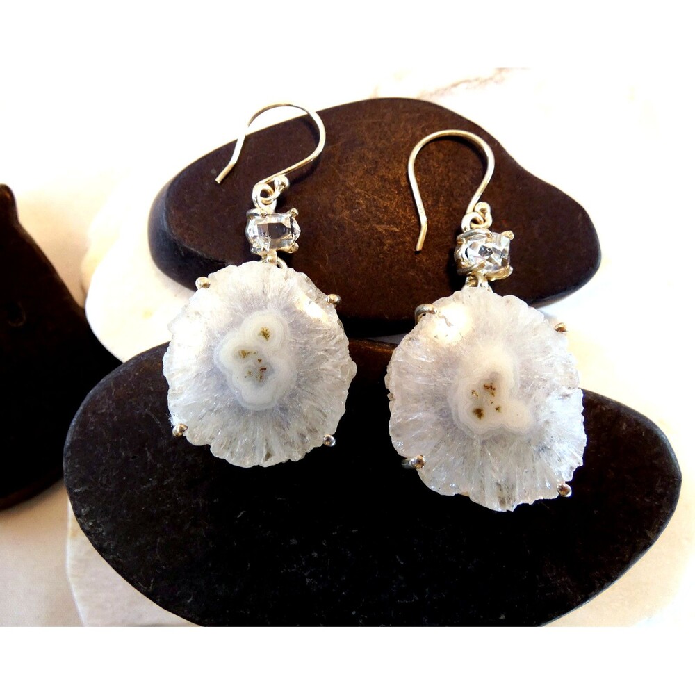 Solar Eye Quartz Water Clear Herkimer Diamond Sterling Silver Dangle Earrings